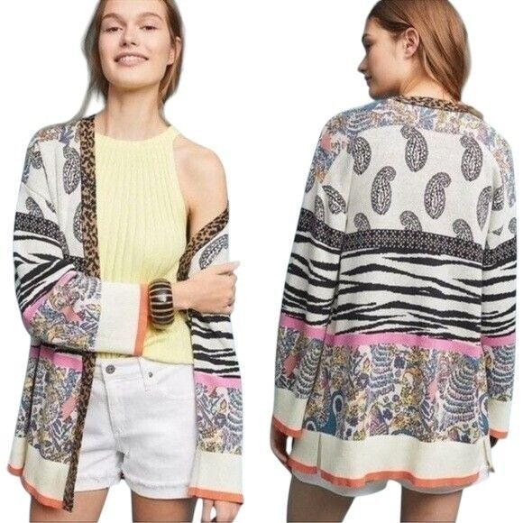 Anthropologie BRICOLAGE Cardigan Women's XXS Animal Print Paisley Open Kimono - Picture 1 of 8